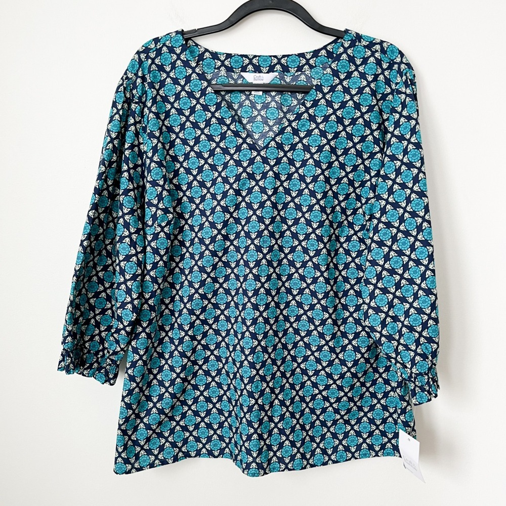 NWT Croft & Barrow Blue Floral V Neck 3/4 Sleeve Cotton Top Womens Plus‎ 2X